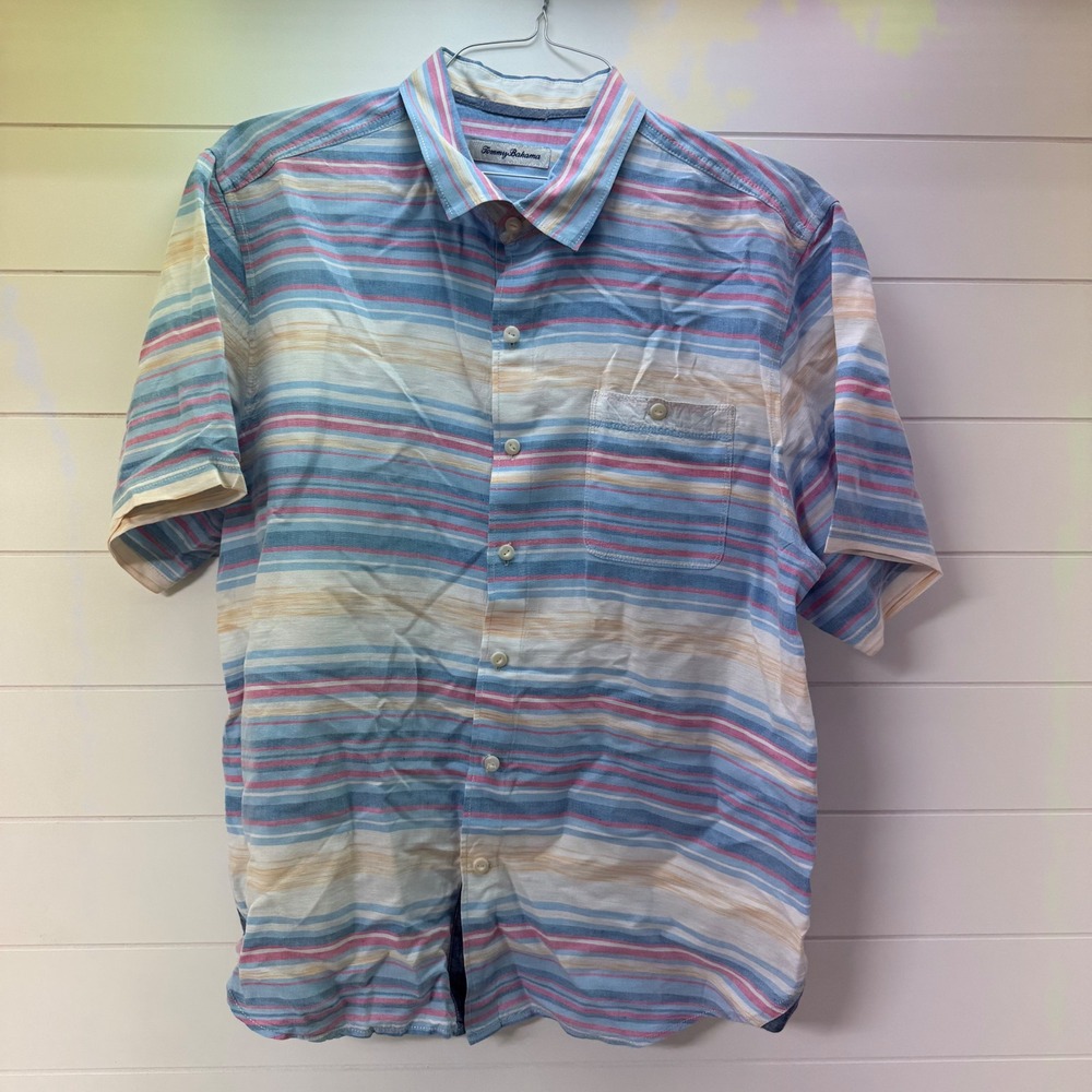 Tommy Bahama Mens Large Blue Pink Striped Short Sleeve Button Down Shirt Pocket